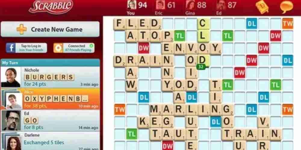 Gameplay of words spelled in Scrabble for iPad.