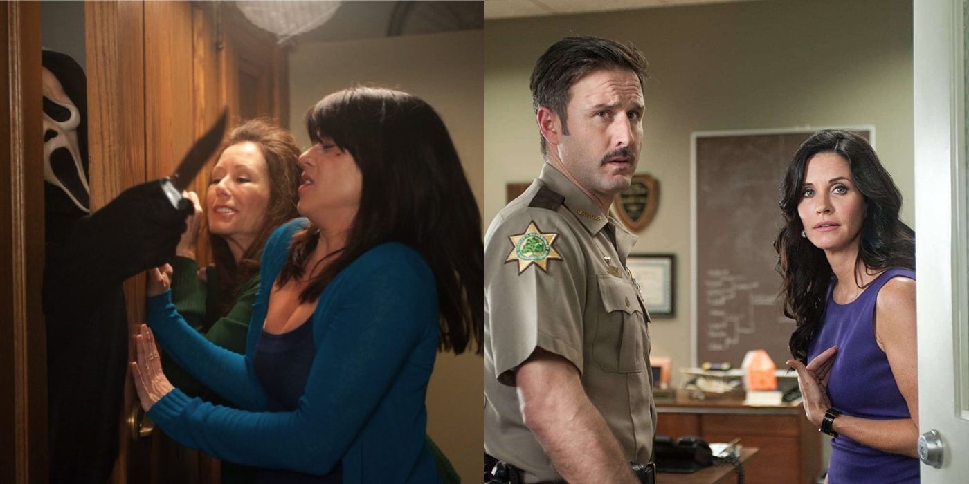 Split image of Ghostface attacking Kate and Sidney and Dewey and Gale in Scream 4