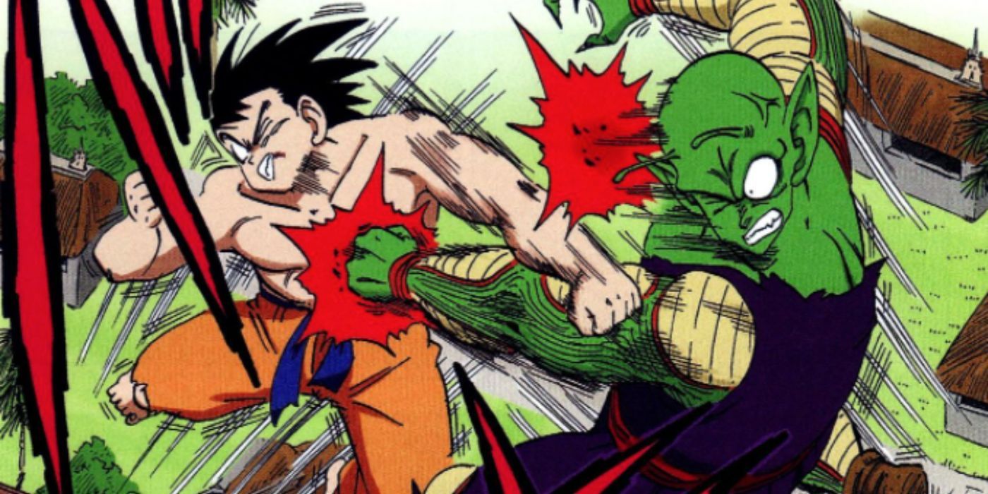 Goku and Piccolo punching each other simultaneously during their fight at the end of Dragon Ball.