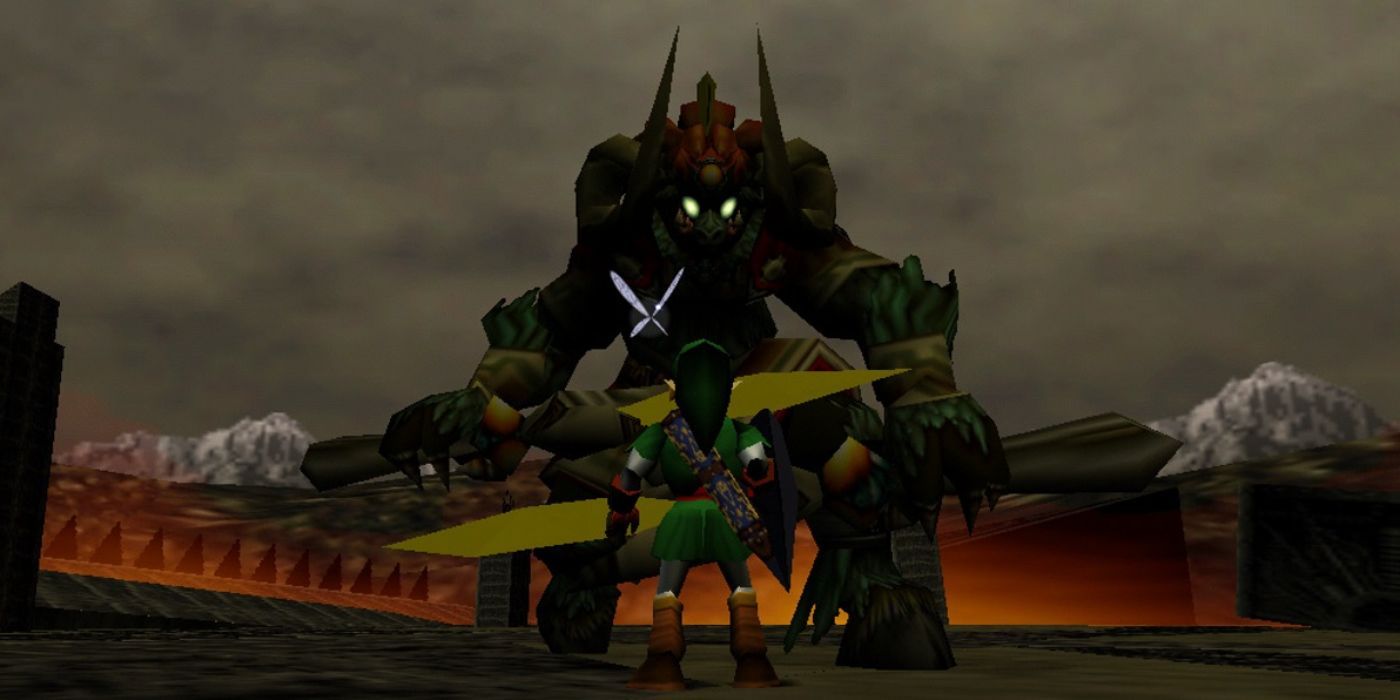 Ganondorf e Link se encarando com um céu escuro e sombrio ao fundo em Ocarina of Time.