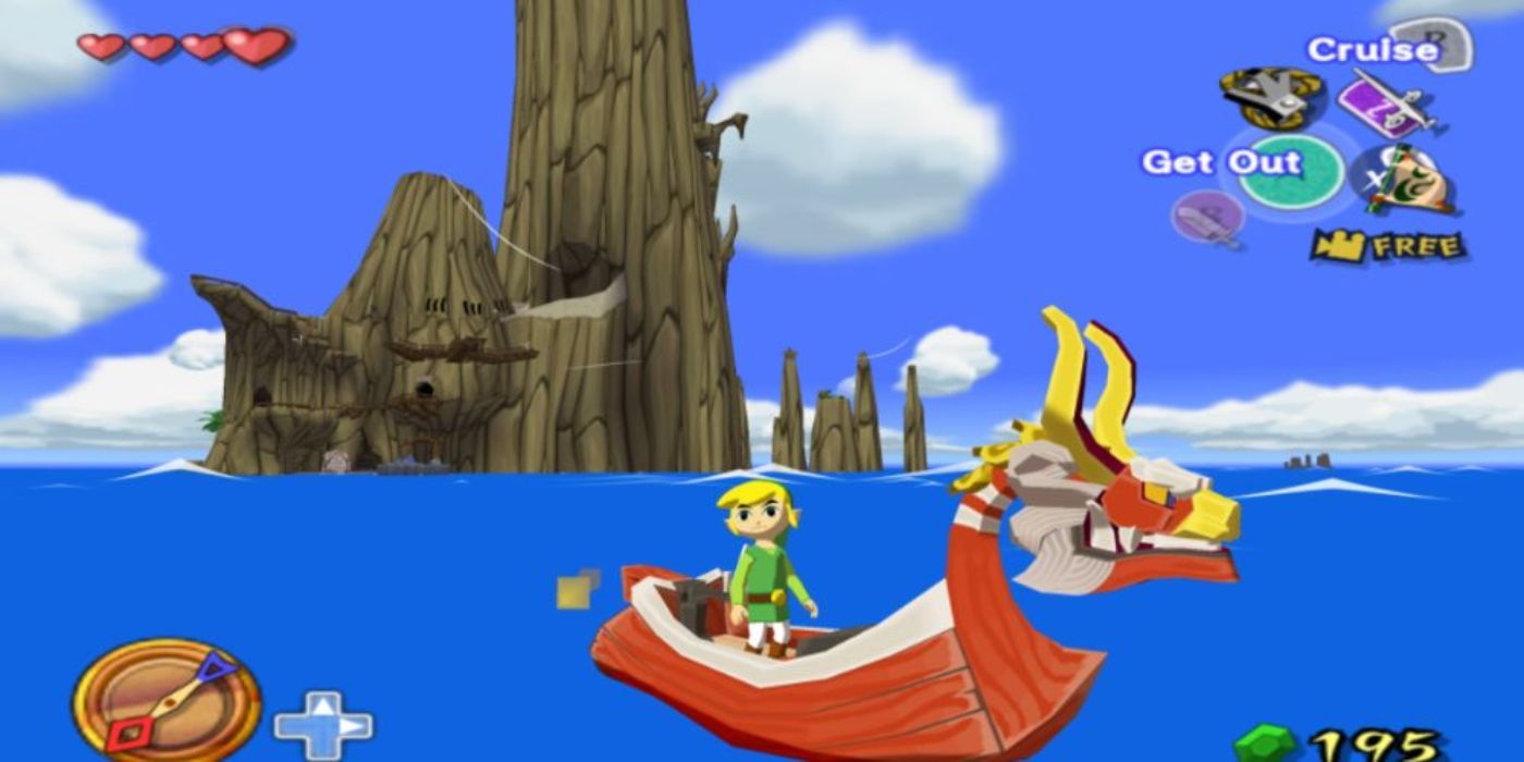 Link on his boat in Wind Waker.