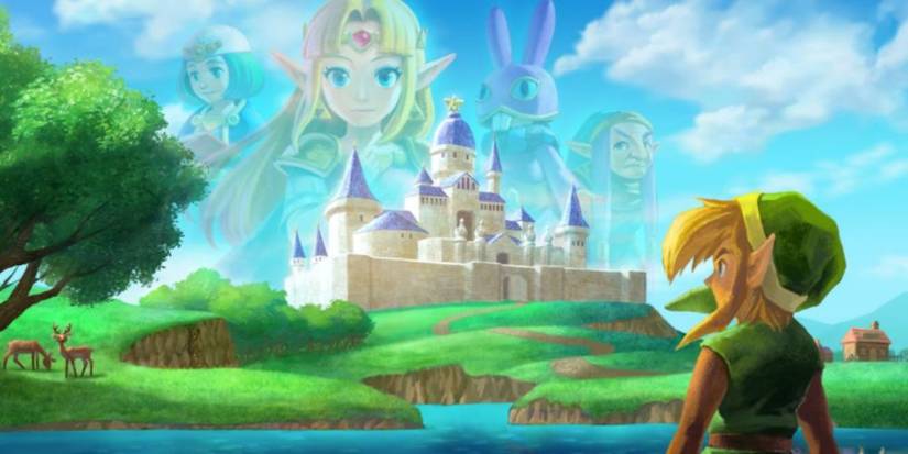 A Link Between Worlds official art showing Link looking at the castle in the distance while Zelda and other characters images are above it in the air