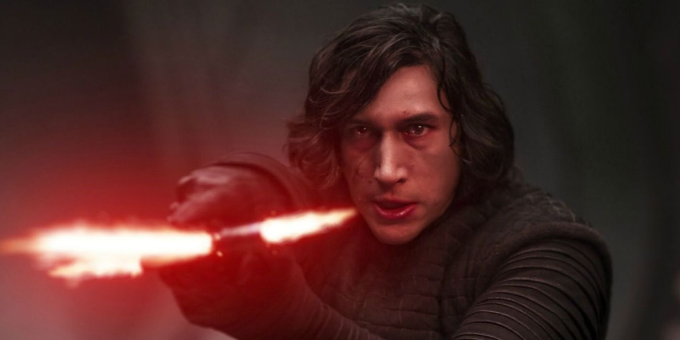 Kylo Ren pointing his lightsaber in Star Wars.