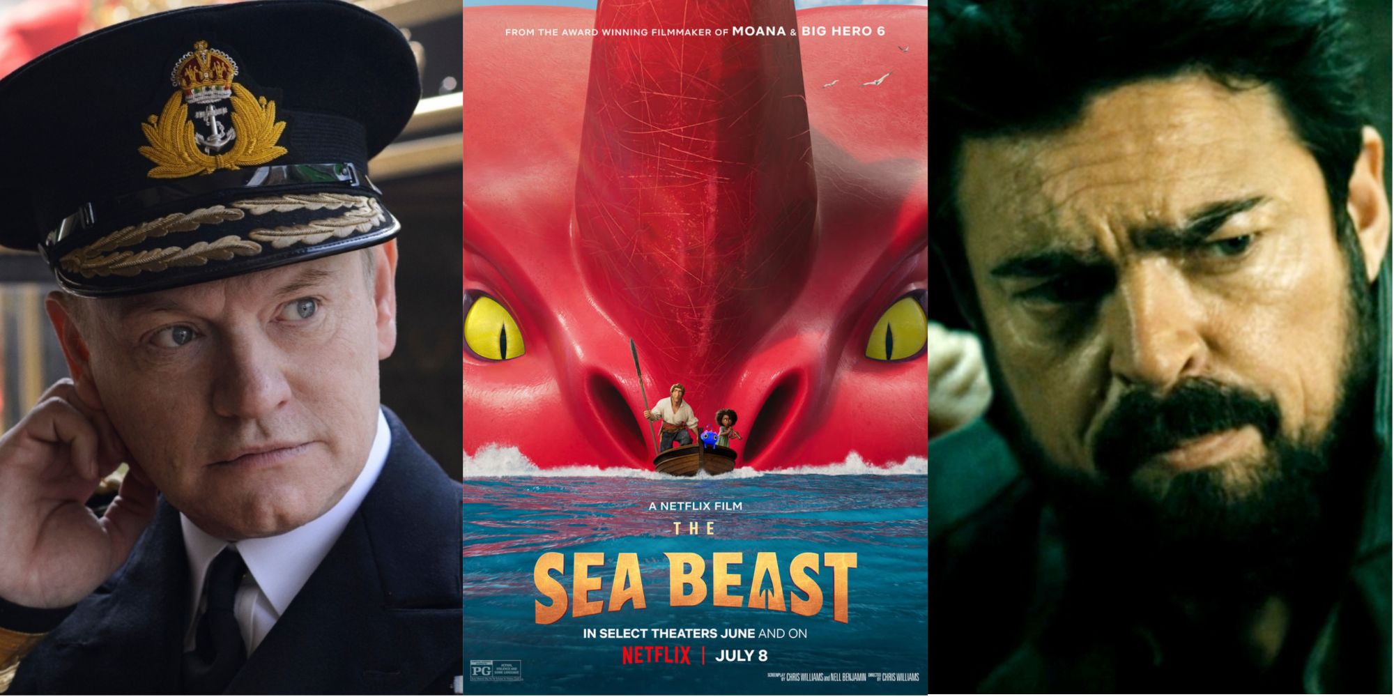 A split image of Karl Urban, Jared Harris, and the Sea Beast poster.