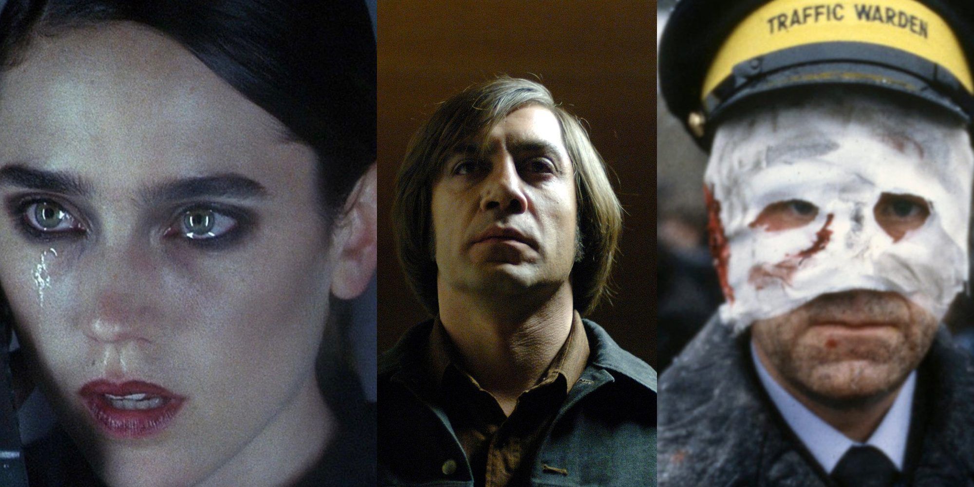 Split image of a police officer from Threads, Javier Bardem from No Country For Old Men, and Jennifer Connelly from Requiem For A Dream