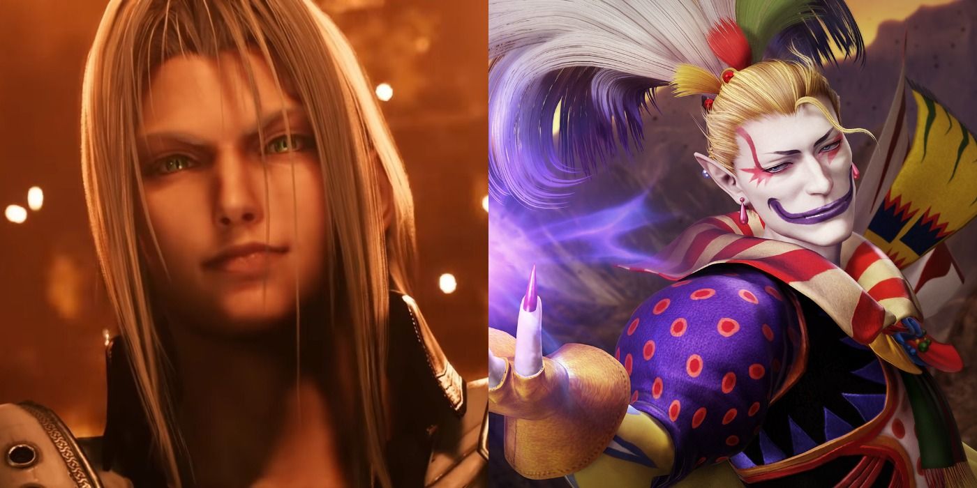 Split image of Sephiroth in FFVIIR and Kefka in Dissidia Final Fantasy NT.