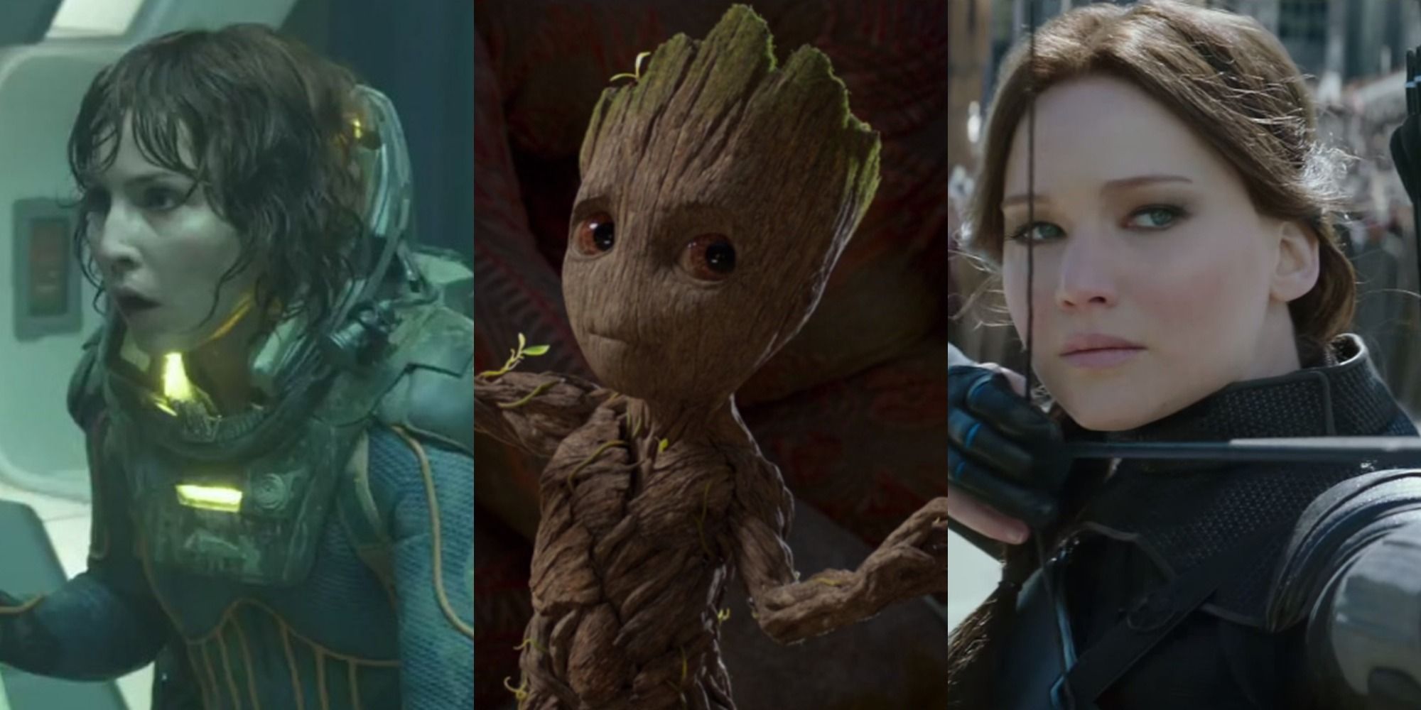 Shaw in Prometheus, Groot in Guardians of the Galaxy Vol 2, Katniss in Mockingjay 2