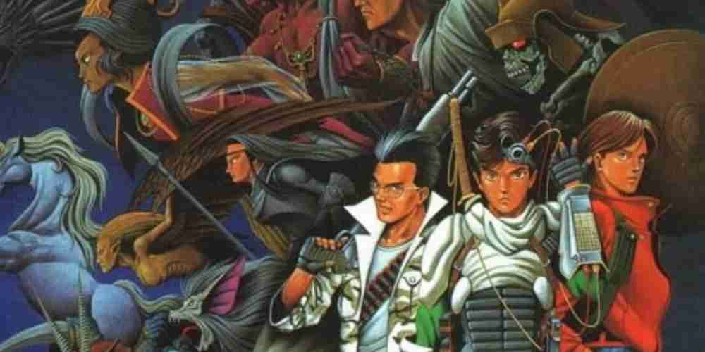 Boxart for the original Shin Megami Tensei shows the teenage protagonists with demons behind them.