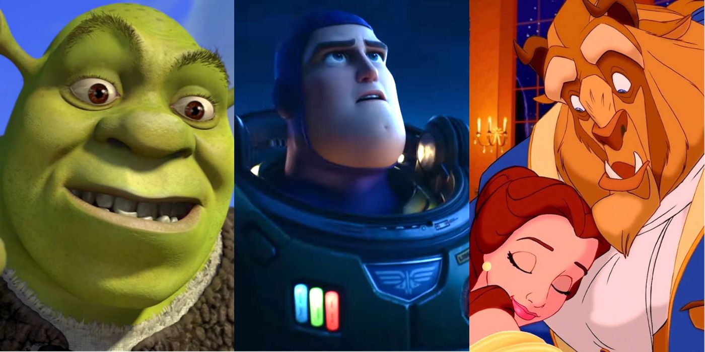 Shrek, Lightyear, and Beauty and the Beast Split Image