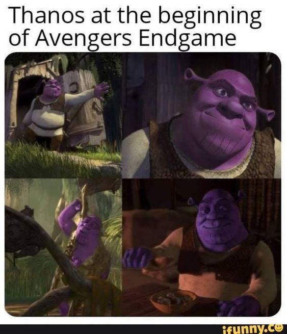 Funny meme with Shrek as Thanos. 