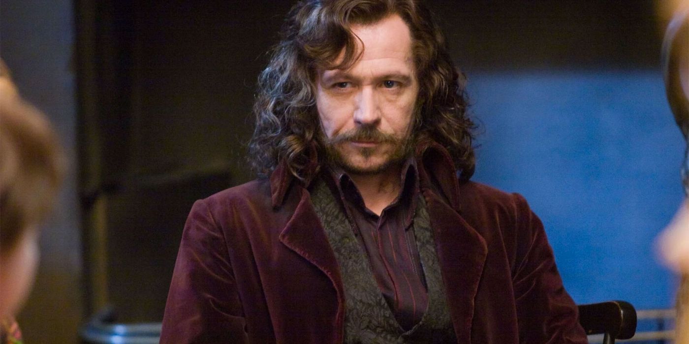 Sirius Black sitting down and looking intently while smiling softly in Harry Potter