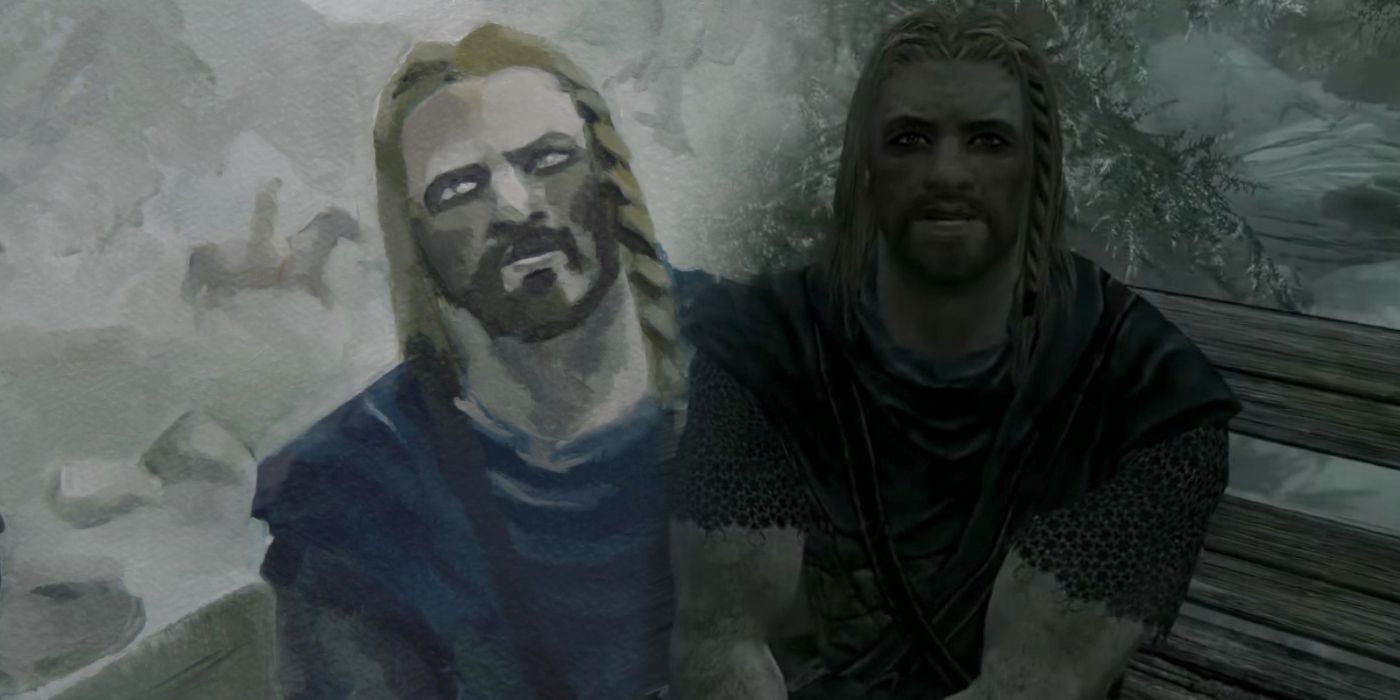 A blurred image placing a watercolor painting of Skyrim&rsquo;s Ralof next to his in-game model seen in the game&rsquo;s opening cutscene.