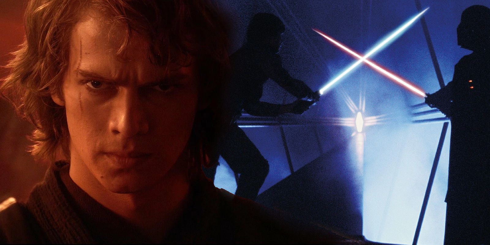 Anakin glowering on Mustafar; Luke vs. Vader in the Empire Strikes Back