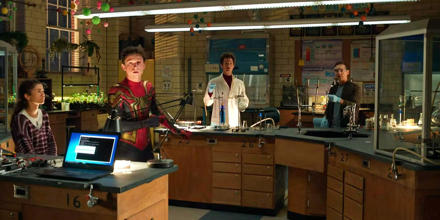The Spider-Men working in a lab in No Way Home 