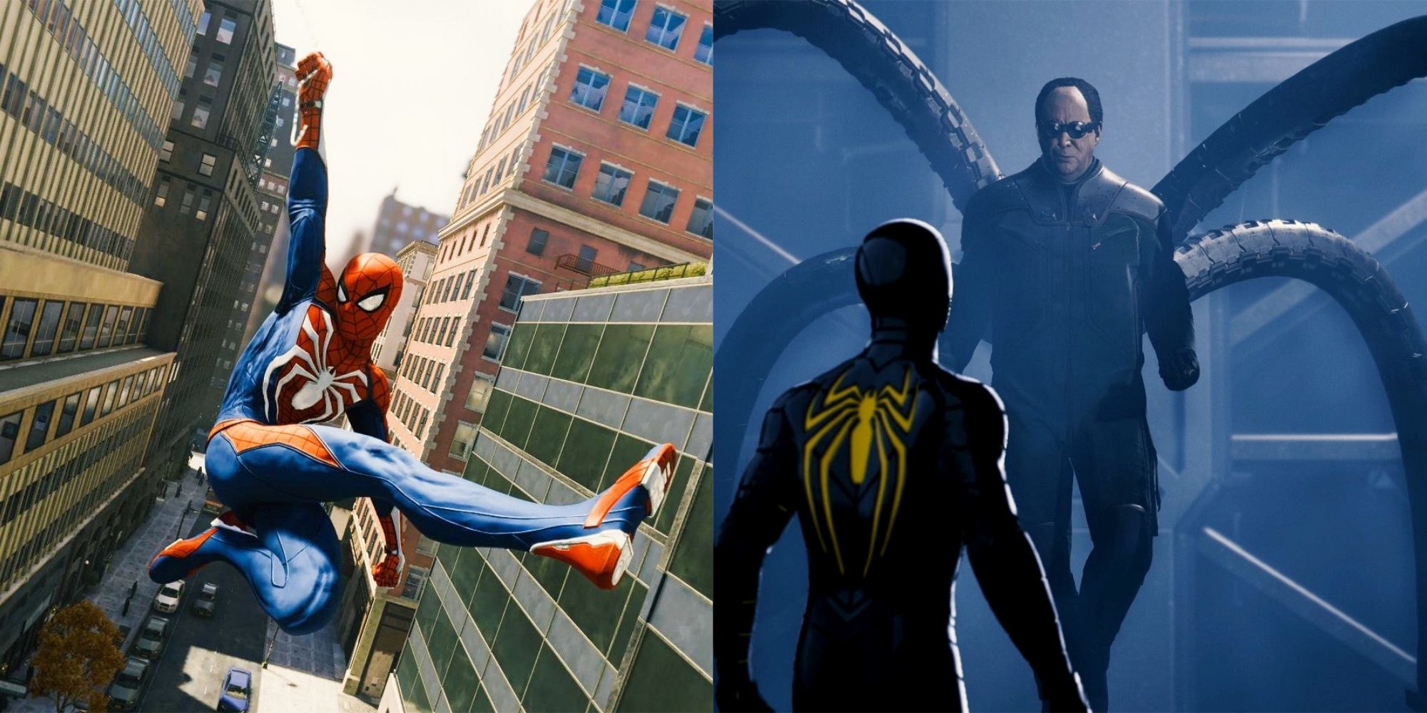 Split image of Spider-Man swinging and fighting Doctor Octopus in Spider-Man PS4