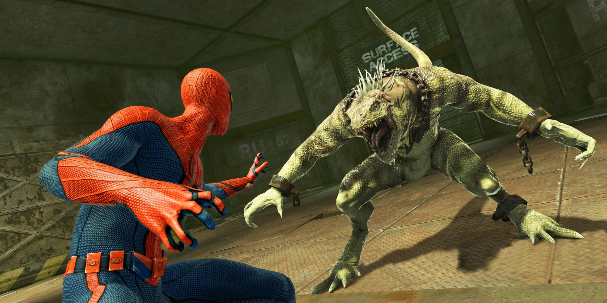 Spider Man fighting the Iguana in The Amazing Spider Man video game
