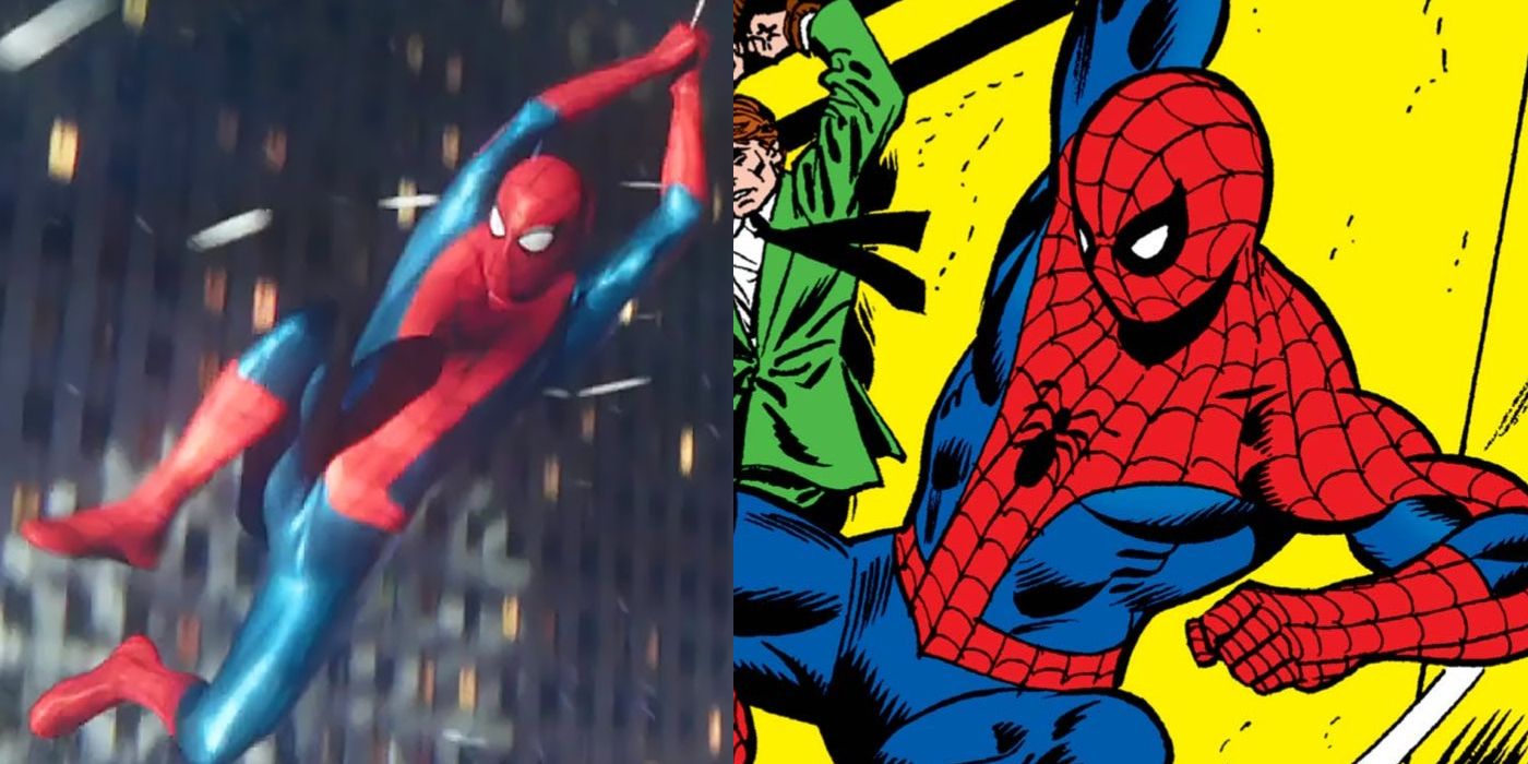 Comparison of Spider-Man swinging in classic suit at the end of No Way Home and comics Spider-Man in similar position