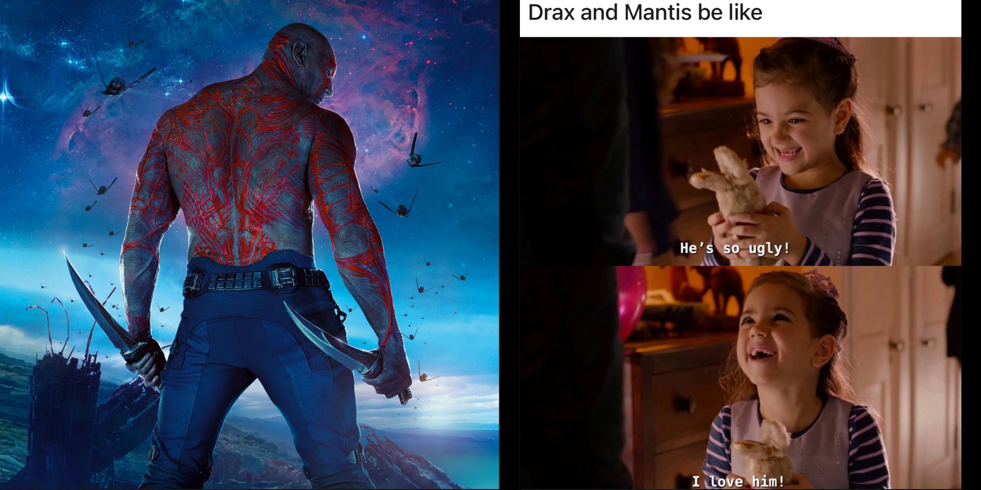 Split Image of Drax and Meme about Drax and Mantis