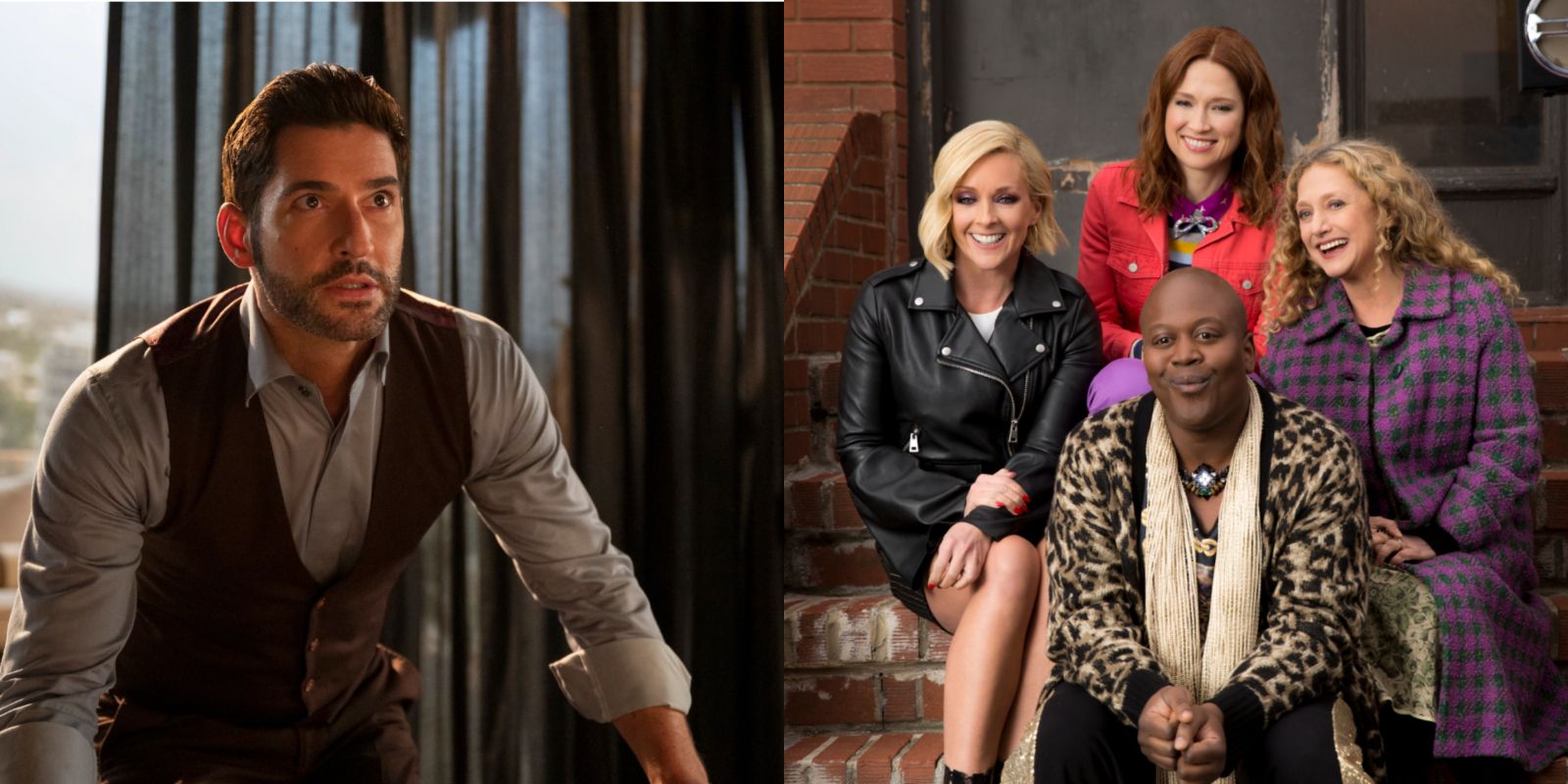 Split Image of Lucifer and the Main Cast of Unbreakable Kimmy Schmidt