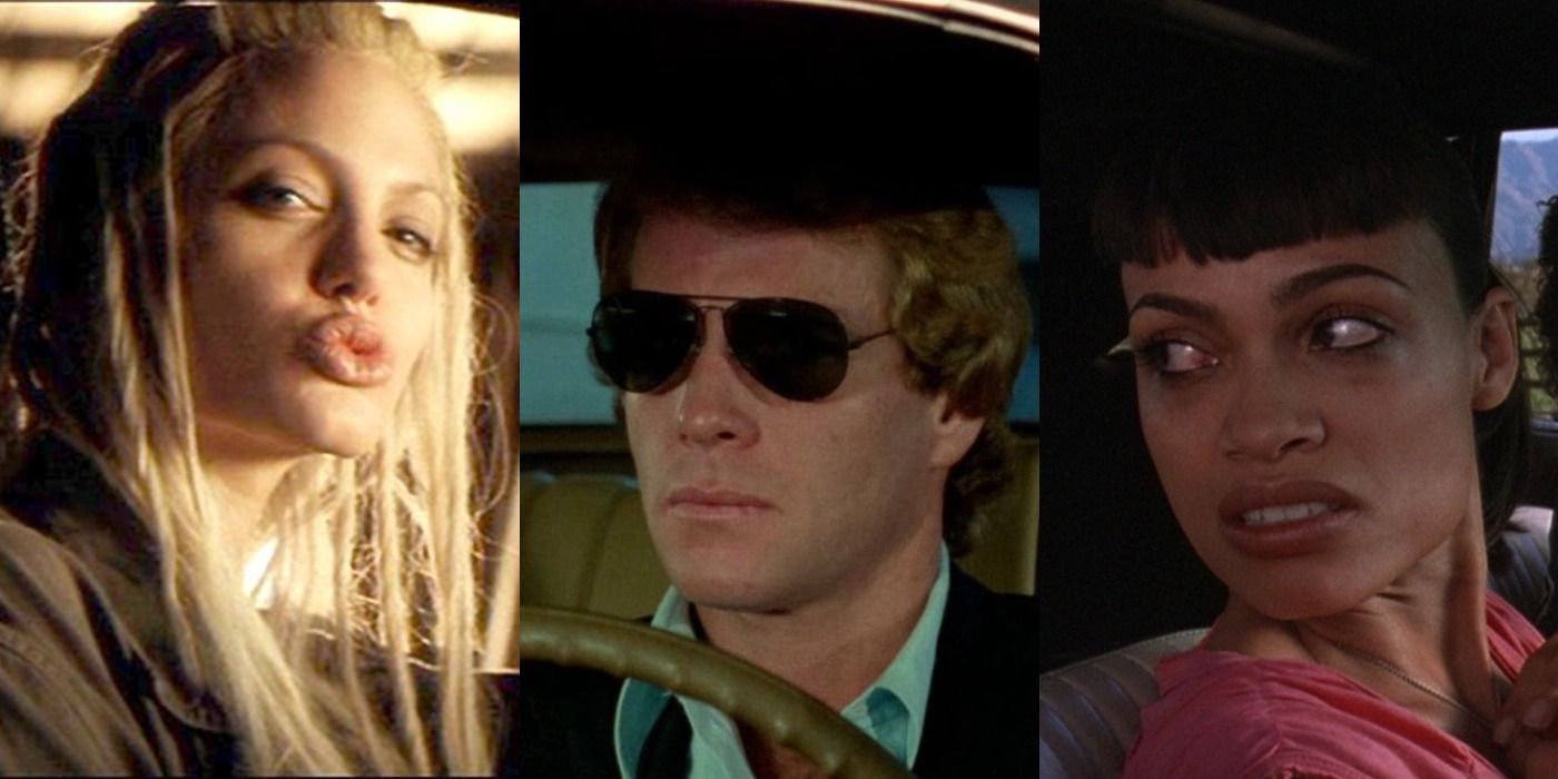 Split image of Angelina Jolie in Gone in 60 Seconds, The Driver in The Driver, and Rosario Dawson in Death Proof