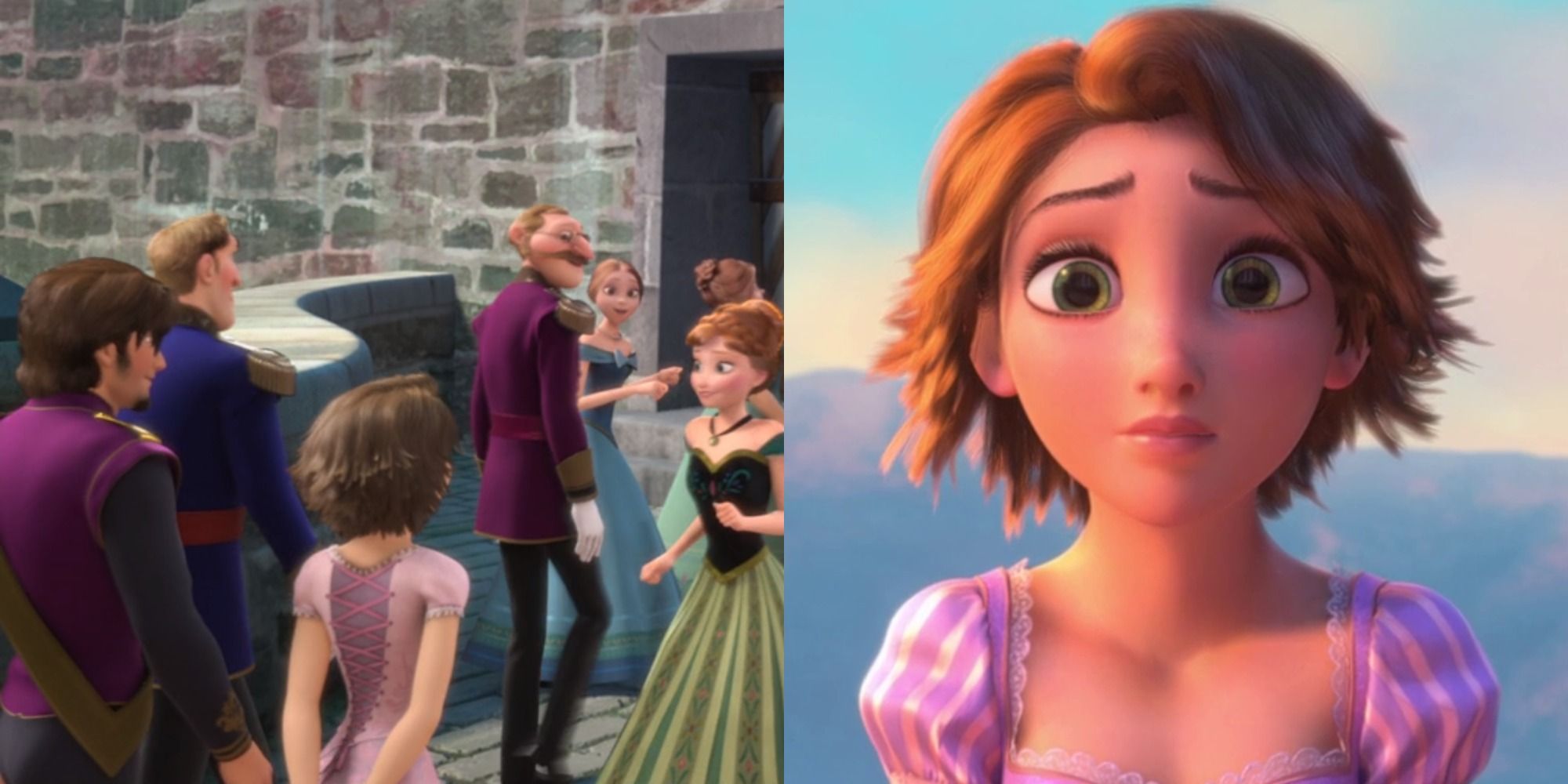 Imagem dividida de Anna encontrando Rapunzel e Eugene em Frozen e Rapunzel com cabelo curto em Enrolados