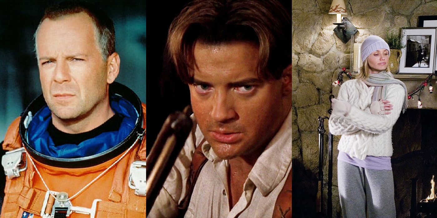 Split image of Bruce Willis in Armageddon, Brendan Fraser in The Mummy Returns and Cameron Diaz in The Holiday