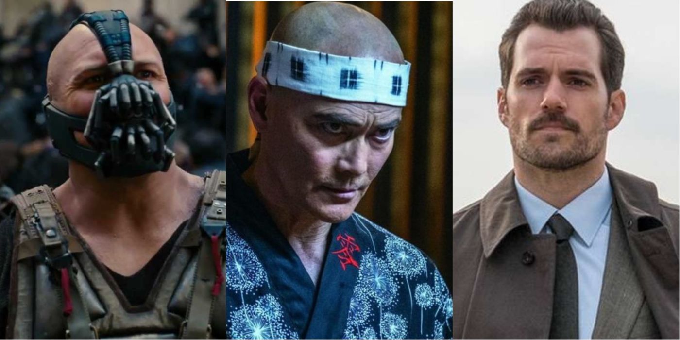 Split image of Bane in Dark Knight Rises, Zero in John Wick 3, and August in Mission Impossible Fallout