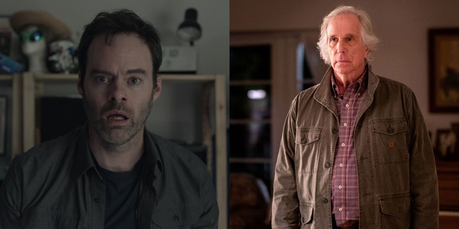 Split image of Barry looking shocked and Gene looking angry in Barry season 3