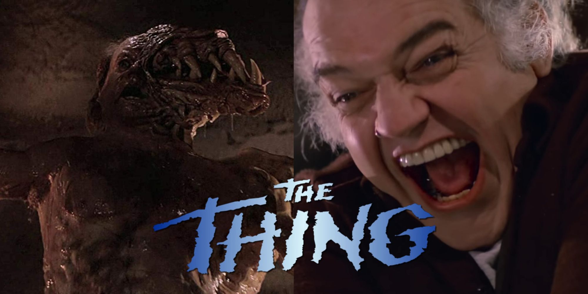 Split image of Blair-Thing and Copper dying in John Carpenter's The Thing