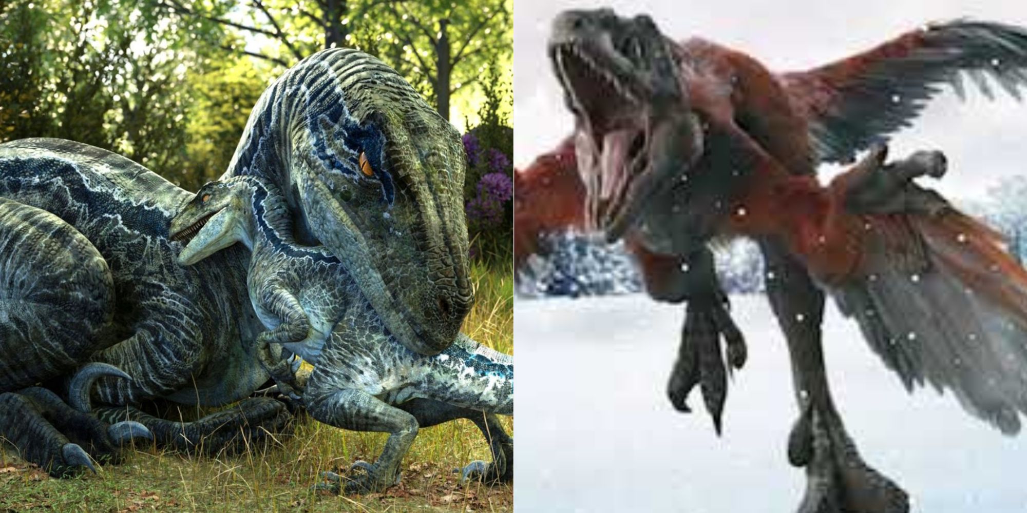 Split image of Blue and Beta and a pyroraptor from Jurassic World Dominion