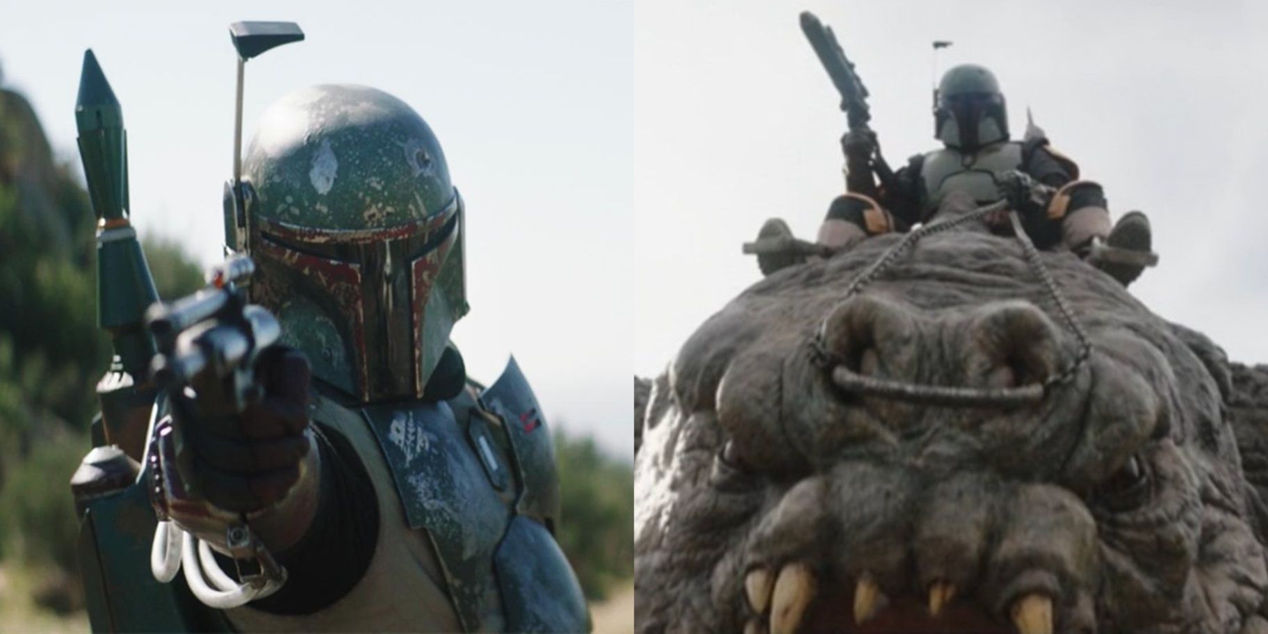 Split image of Boba pointing a blaster in The Mandalorian and riding a rancor in The Book of Boba Fett