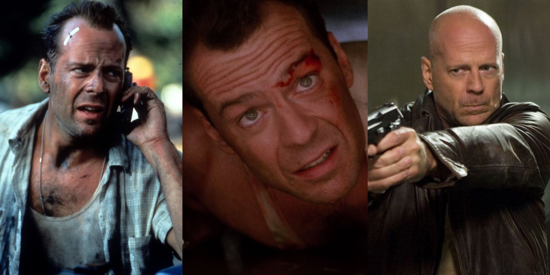 Split image of Bruce Willis as John McClane in Die Hard with a Vengeance, Die Hard, and Live Free or Die Hard