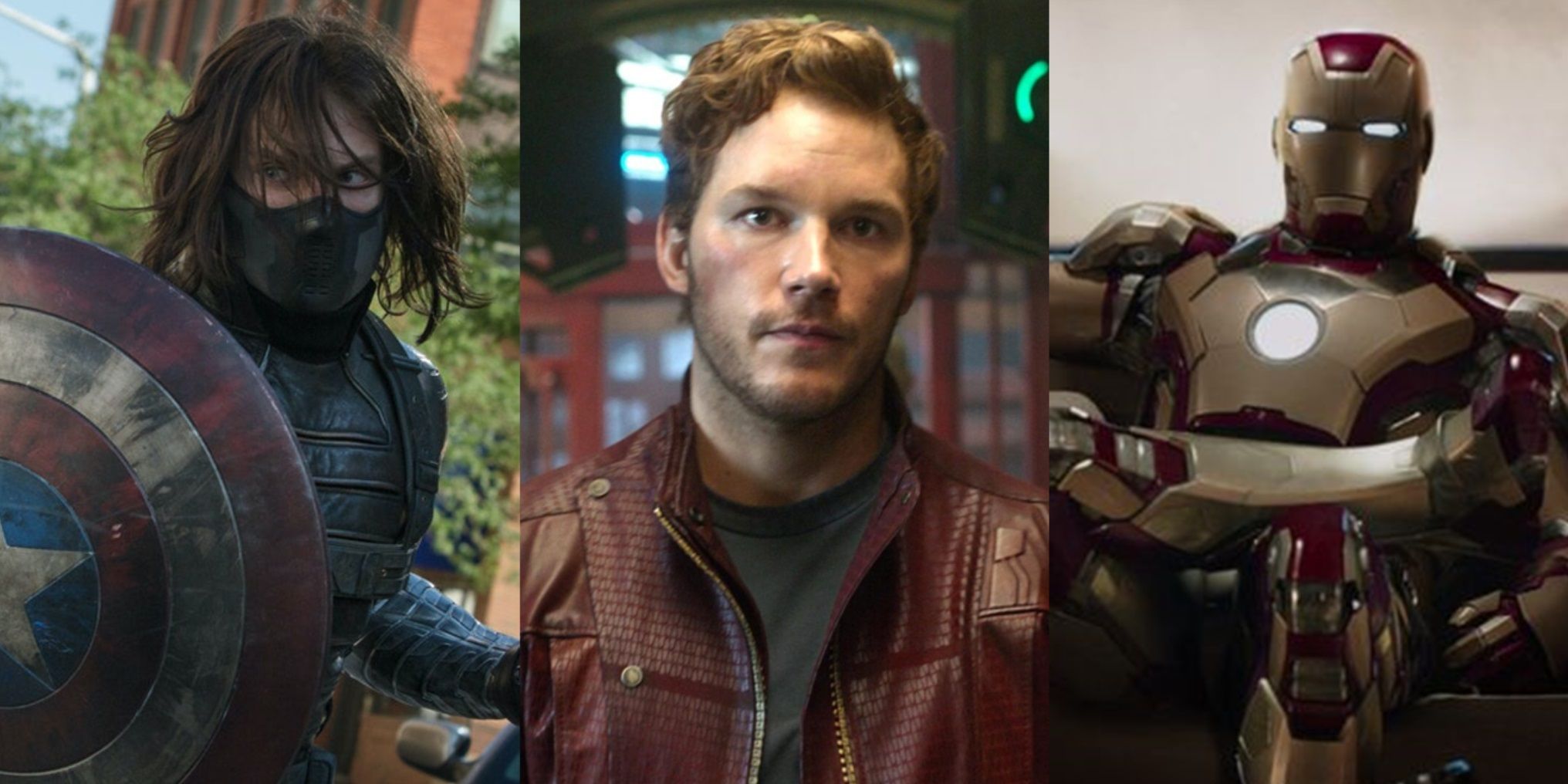 Split image of Bucky in The Winter Soldier, Quill in Guardians of the Galaxy, and an Iron Man suit in Iron Man 3