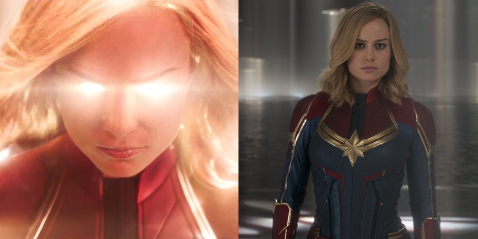 Split image of Carol using her powers and confronting the Supreme Intelligence in Captain Marvel