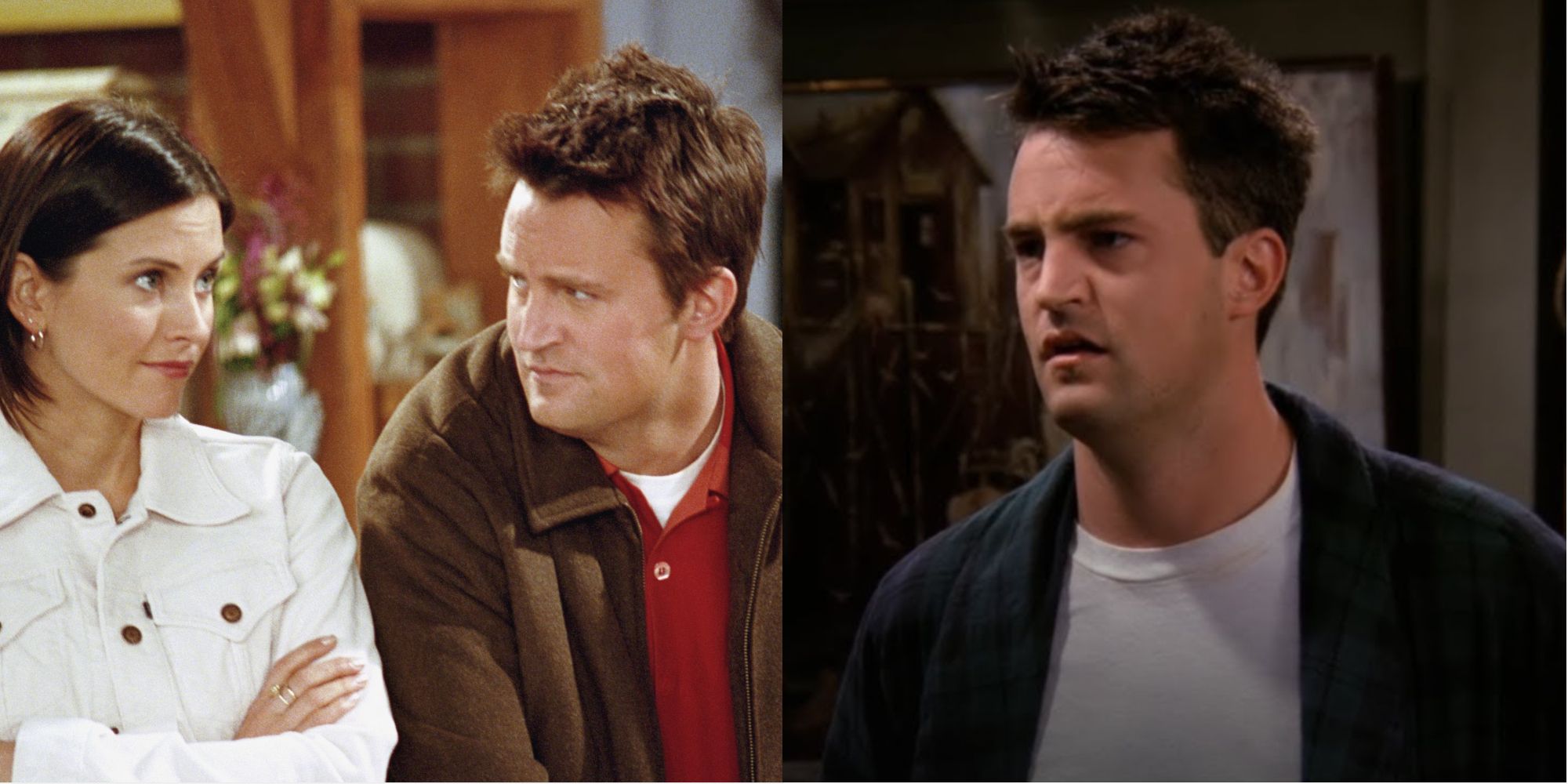 Split image of Chandler looking at Monica and Chandler looking scared in Friends
