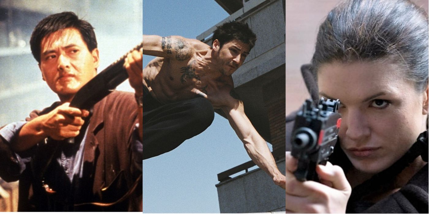 Split image of Chow Yun Fat in Hard Boiled, a drug dealer in District 13, and Gina Carano in Haywire
