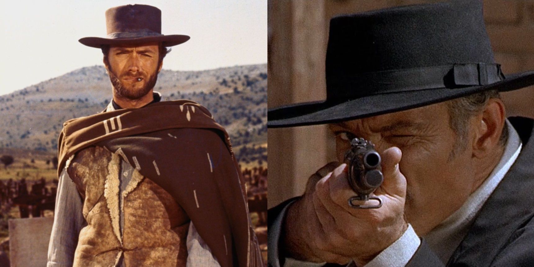 Split image of Clint Eastwood in The Good, the Bad, and the Ugly and Lee Van Cleef in For a Few Dollars More