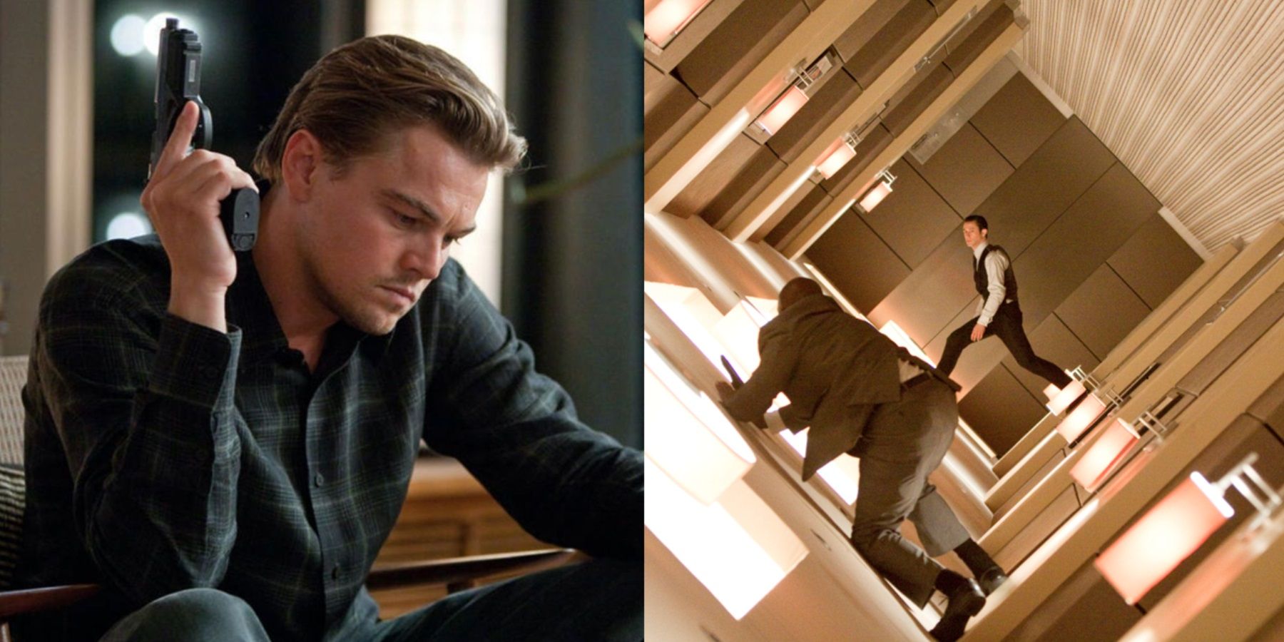 Split image of Cobb holding a gun and Arthur in a revolving hallway in Inception