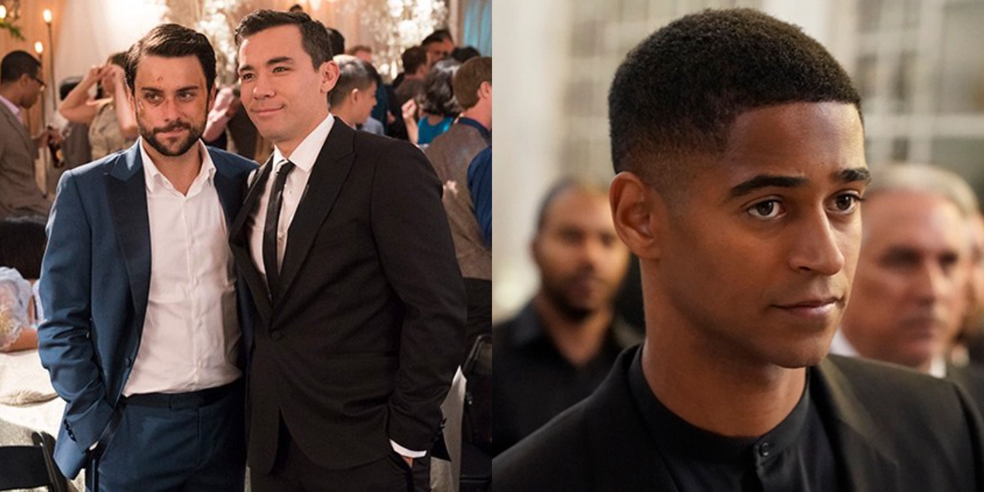 Split image of Connor and Oliver smiling at their wedding and Christopher at Annalise's funeral in HTGAWM