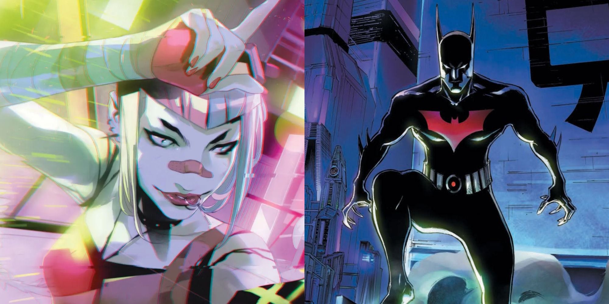 Split image of Cyberpunk Harley in Future State Harley Quinn and Terry McGinnish perched over Gotham in Batman Beyond Neo Year
