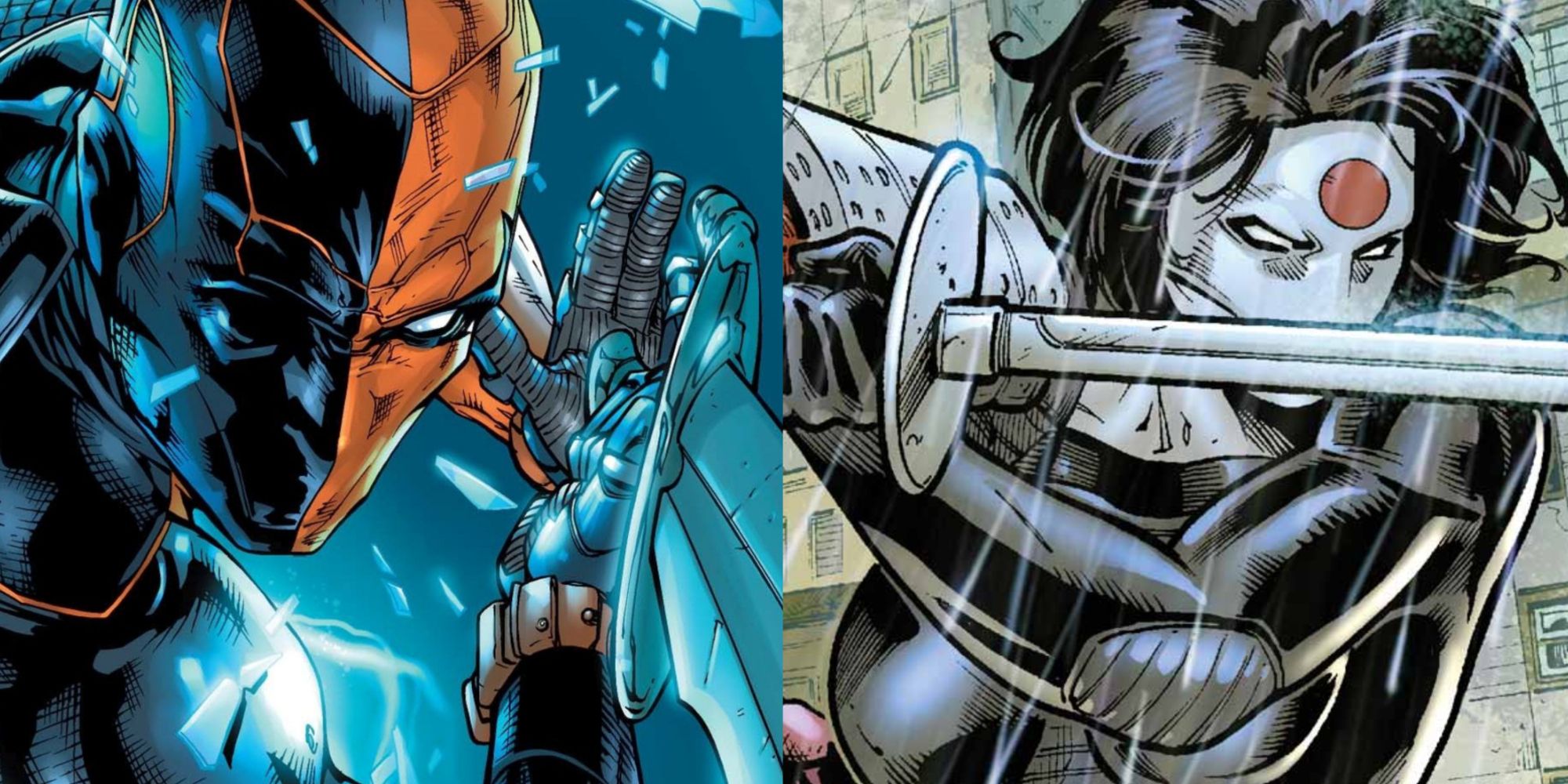 Split image of Deathstroke and Katana wielding swords in DC comics