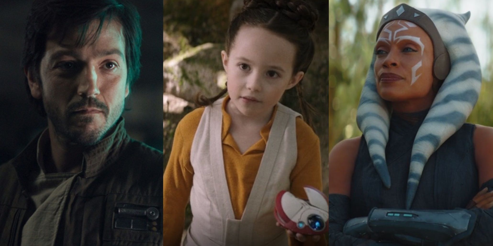 Split image of Diego Luna as Cassian Andor, Vivien Lyra Blair as Leia Organa, and Rosario Dawson as Ahsoka Tano