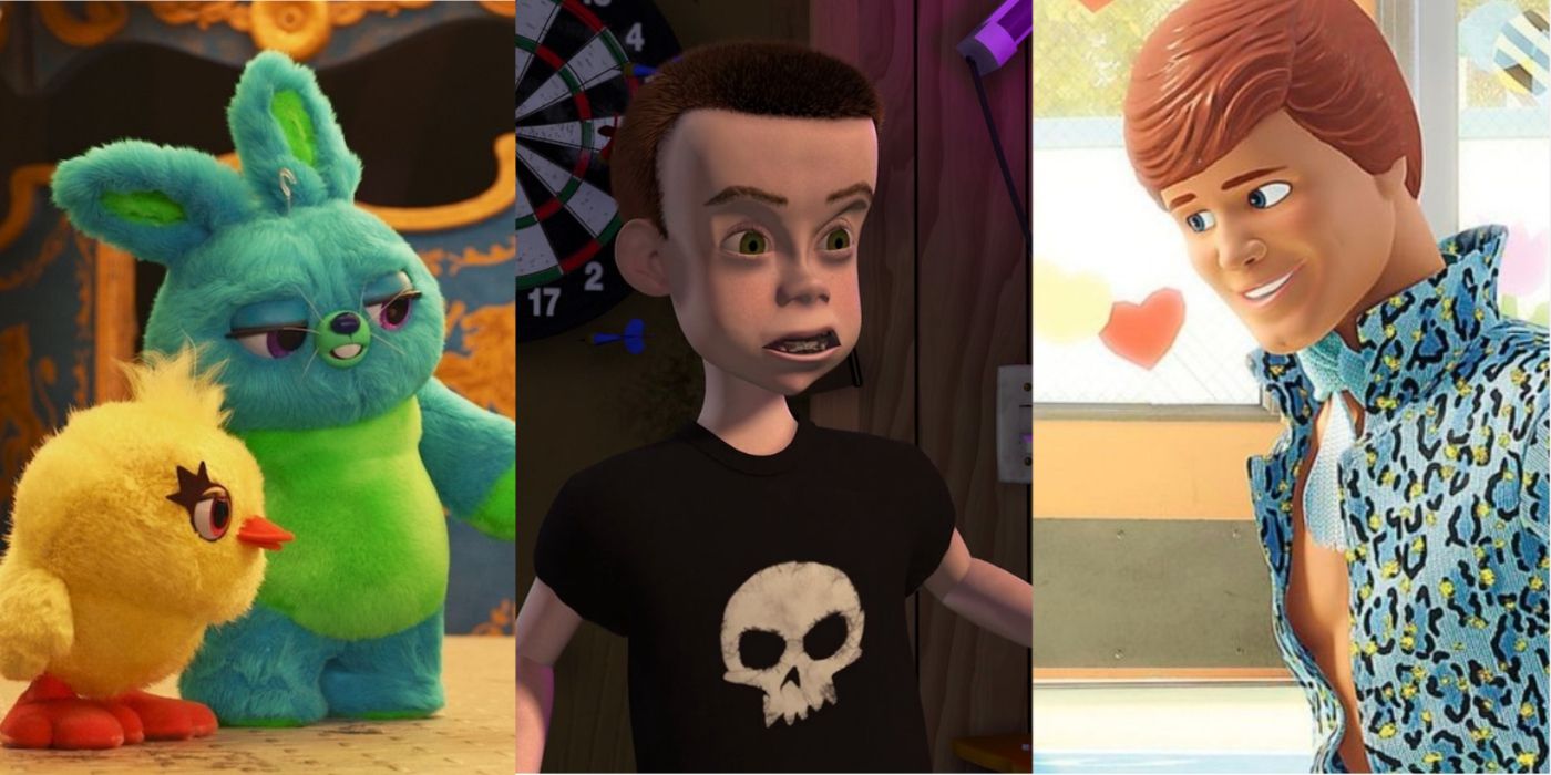 Split image of Ducky and Bunny in Toy Story 4, Sid in Toy Story, and Ken in Toy Story 3