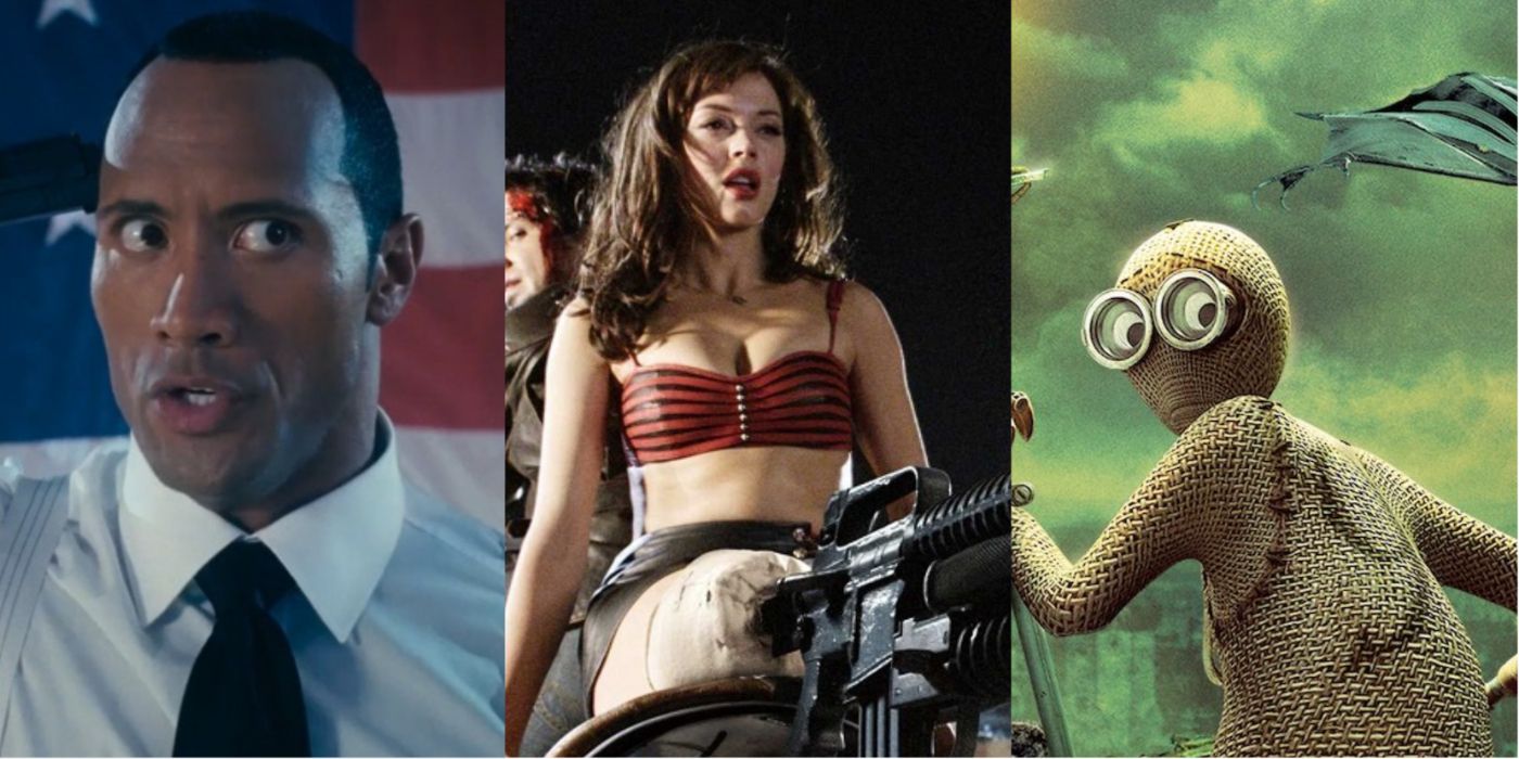 Split image of Dwayne Johnson in Southland Tales, Cherry in Planet Terror, and 9 in 9