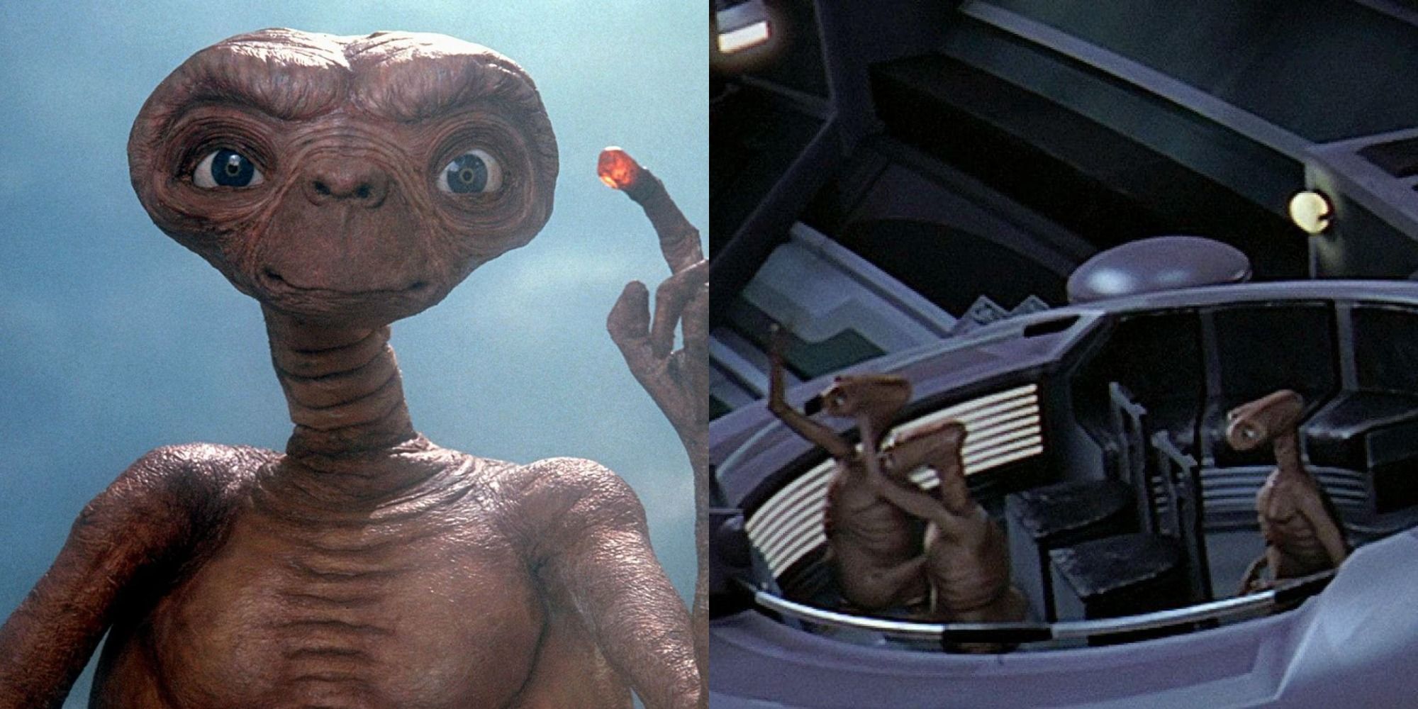 Imagem dividida de ET em ET O Extraterrestre e em A Ameaça Fantasma