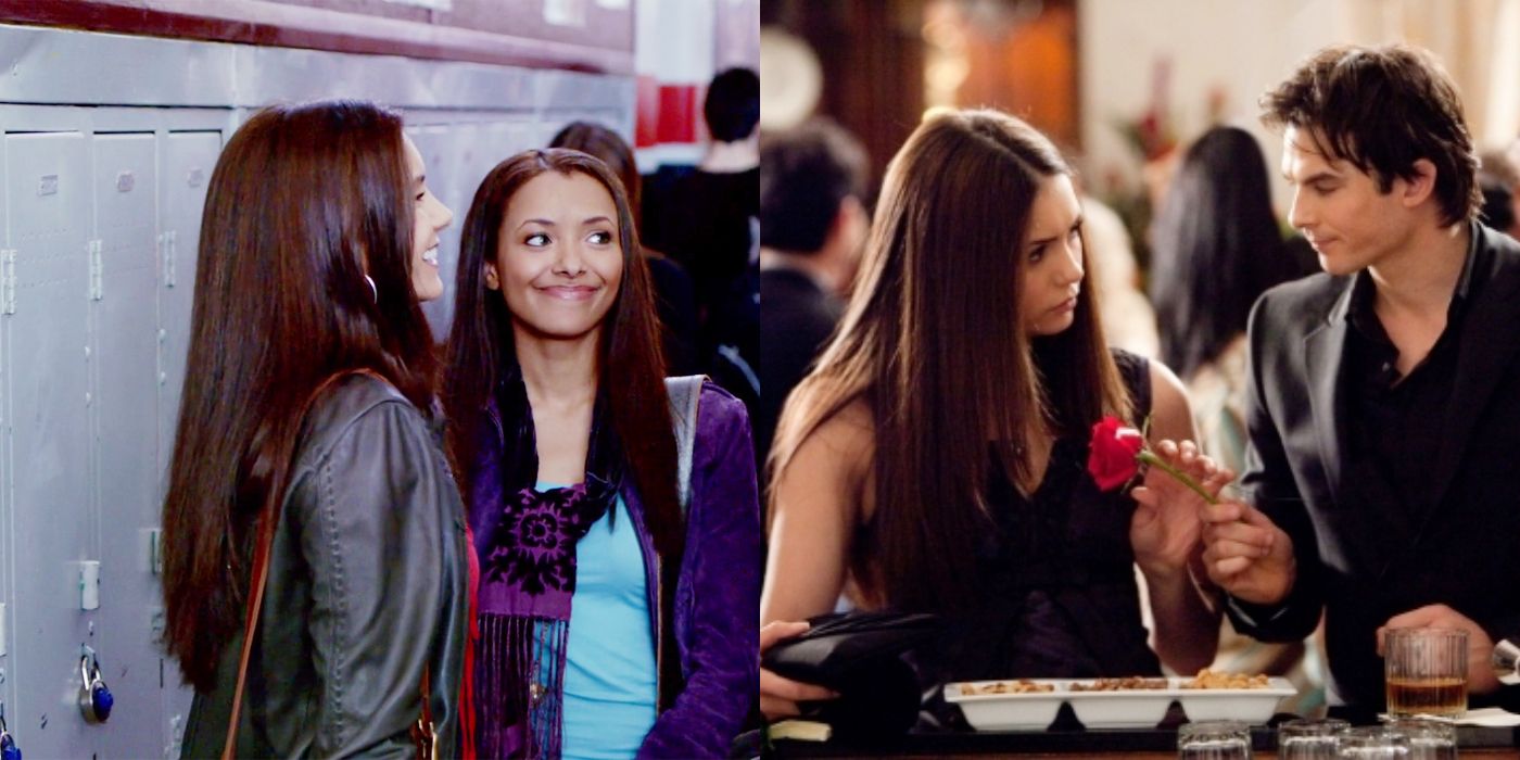 Split image of Elena and Bonnie at school and Damon giving Elena a flower