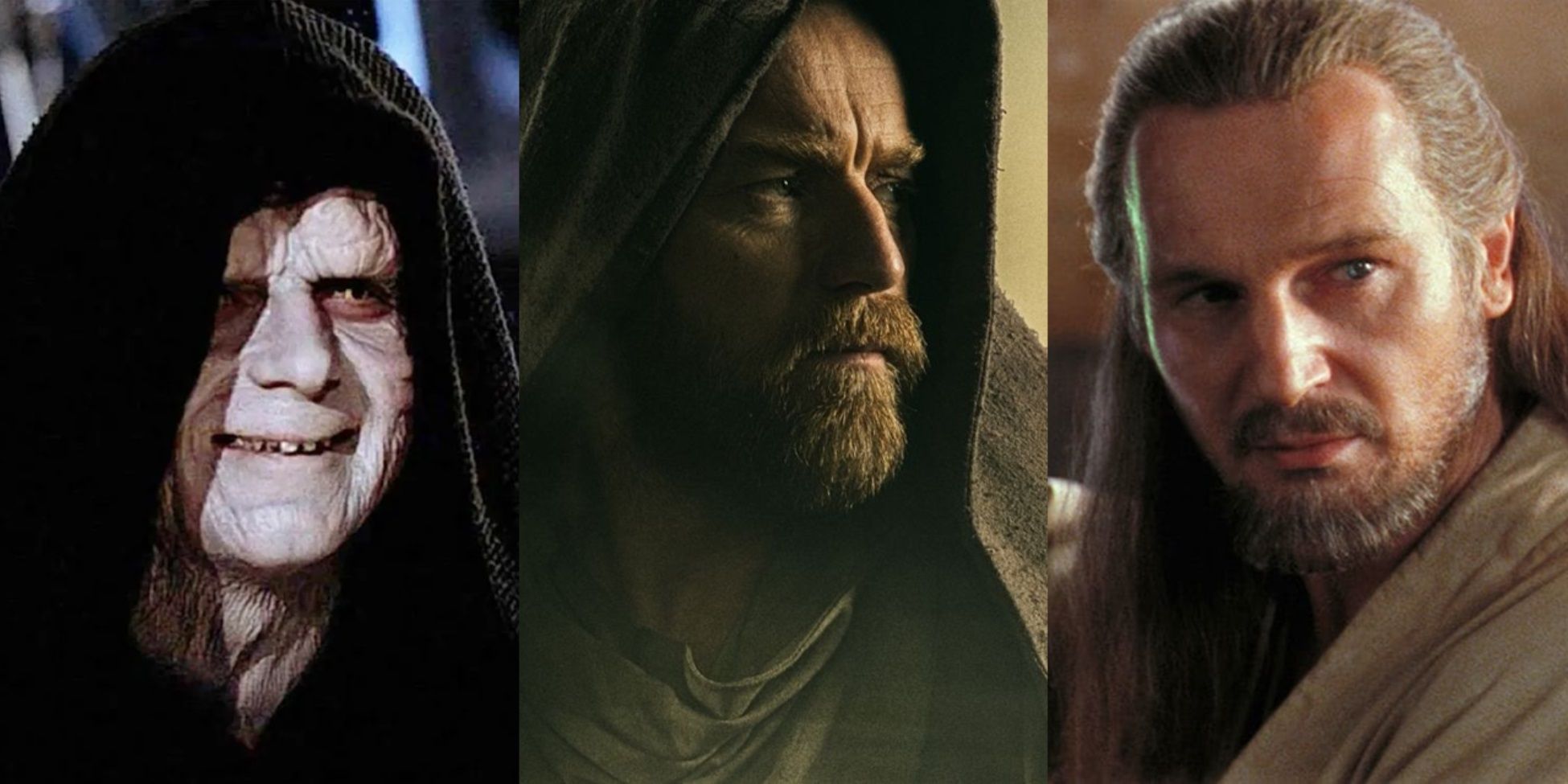 Split image of Emperor Palpatine in Return of the Jedi, the Obi-Wan Kenobi poster, and Qui-Gon in The Phantom Menace