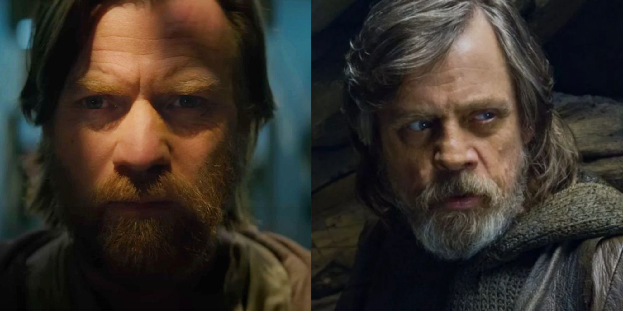 Split image of Obi-Wan Kenobi (Ewan McGregor) looking serious in Obi-Wan Kenobi and Luke Skywalker (Mark Hamill) looking serious in Star Wars: The Last Jedi