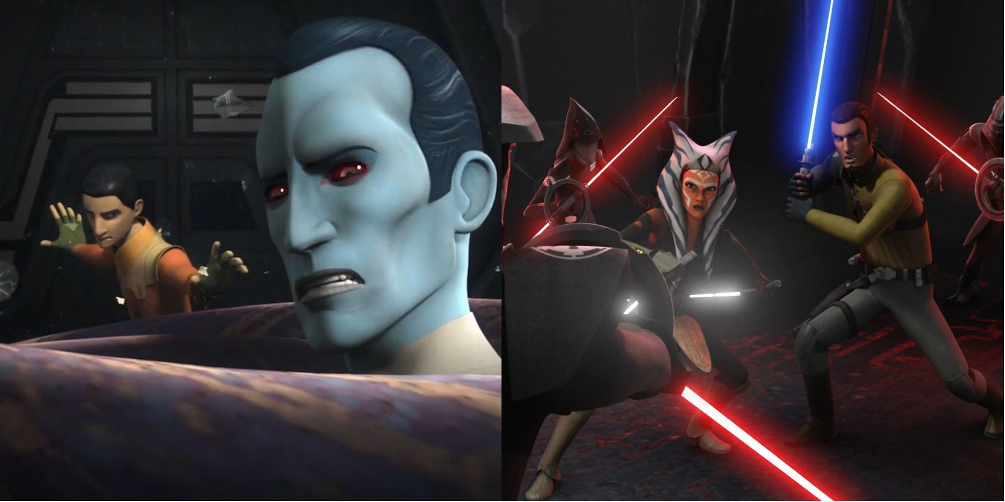 Split image of Ezra, Thrawn, Ahsoka, and Kanan in Star Wras Rebels