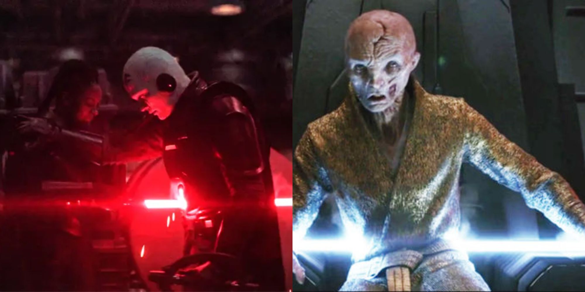 Split image of Grand Inquisitor's death in Obi-Wan Kenobi and Supreme Leader Snoke's death in Star Wars: The Last Jedi